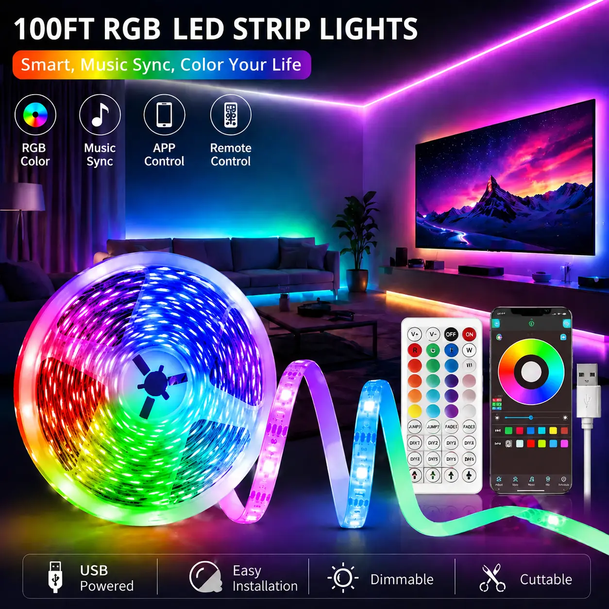 100FT Smart led lights RGB led light bedroom with 44 Keys IR Remote, App Control, Music Sync, Timer & Dimmable Brightness,Flexible adhesive design for bedroom & gaming room. Perfect ideal present for family, led lights bedroom