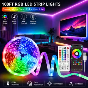 100FT Smart led lights RGB led light bedroom with 44 Keys IR Remote, App Control, Music Sync, Timer & Dimmable Brightness,Flexible adhesive design for bedroom & gaming room. Perfect ideal present for family, led lights bedroom