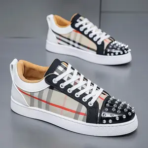 Classic Grid Men's Spring and Autumn Versatile Trendy Shoes Red Sole Letter Sneakers Rhinestone Rivet Casual Shoes Same Style