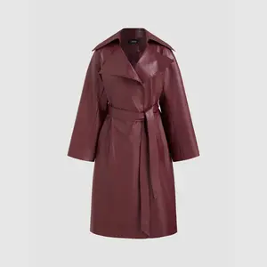 Cider [size 2-10] Faux Leather Collar Solid Pocket Trench Coat With Belt