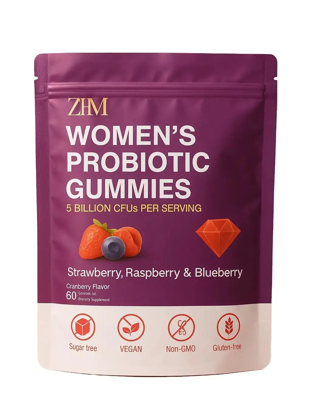 Women’s Probiotic Gummies ZHM – 5 Billion CFU | Vegan, Non-GMO, Sugar-Free | Strawberry, Raspberry & Blueberry