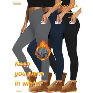 3 Pieces Of Fall And Winter Brushed Fleece Lined Leggings With Pockets, Women's High Waisted Outerwear Sport Fleece Yoga Pants For Warmth In Fall And Winter. Slimming High-waisted Yoga Pants, Sports Running Tights.