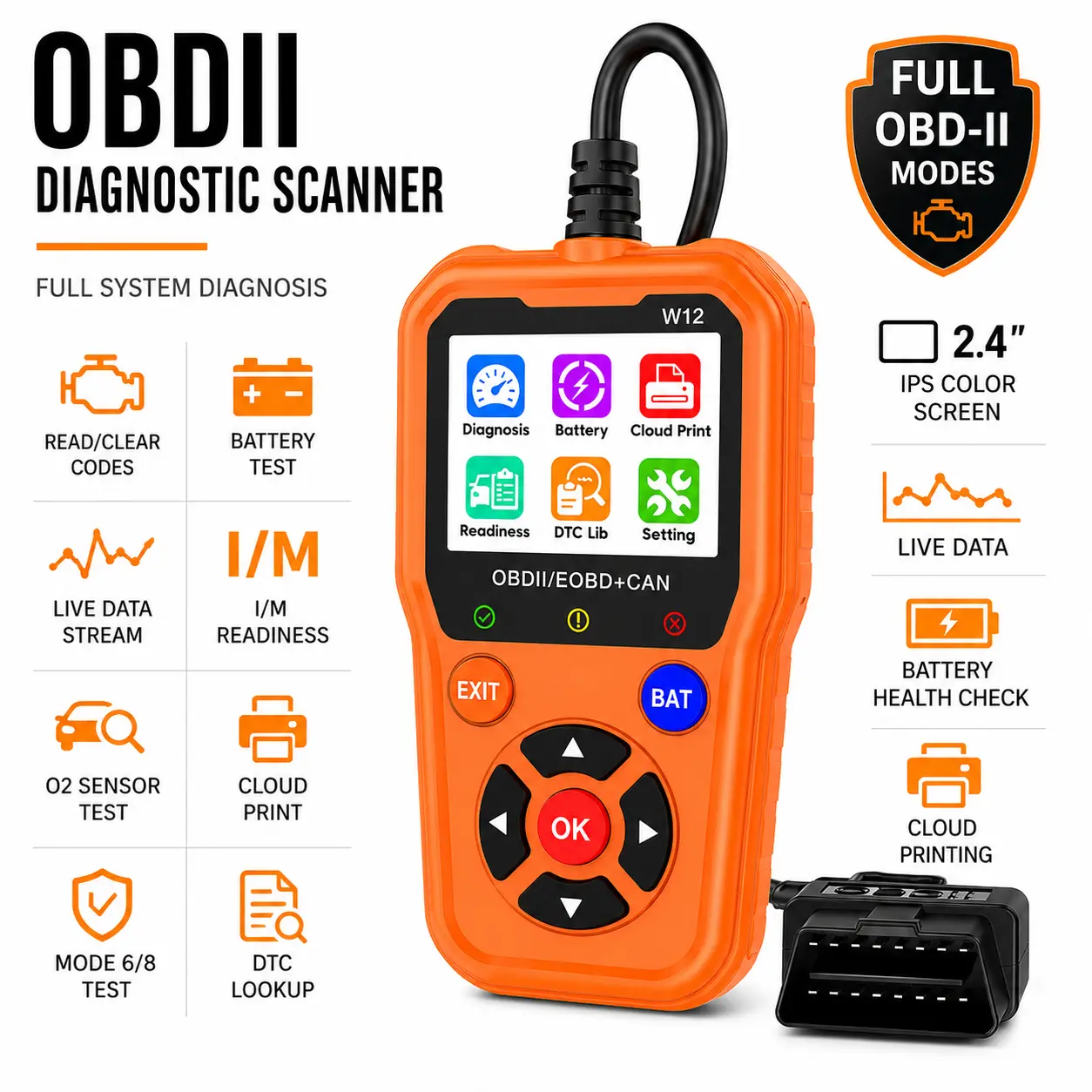 Professional OBD2 Scanner Tool, OBDII Diagnostic Code Reader with Live Data, Cloud Printing & Dual UI Mode for Check Engine Light, Father's Day Gift, Tools