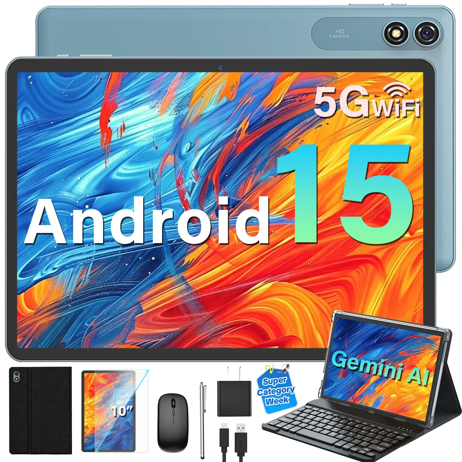 【SummerTurnUp】Relndoo 2026 Powerful 10.1-in Android 15 Tablet with 2.4G/5G Wi-Fi, Wireless Mouse, Keyboard, Case, Vivid Fathers Day Gift Bundle