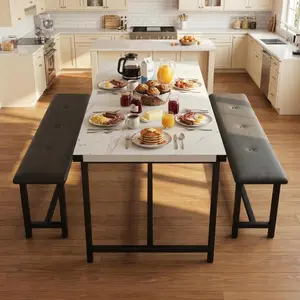 3-Piece Rustic Brown Dining Table Set for 4, Space-Saving Rectangular Kitchen Table with Upholstered Benches, Waterproof MDF & Metal Frame Dining Room Set, Dining Room and Small Space, Marble White