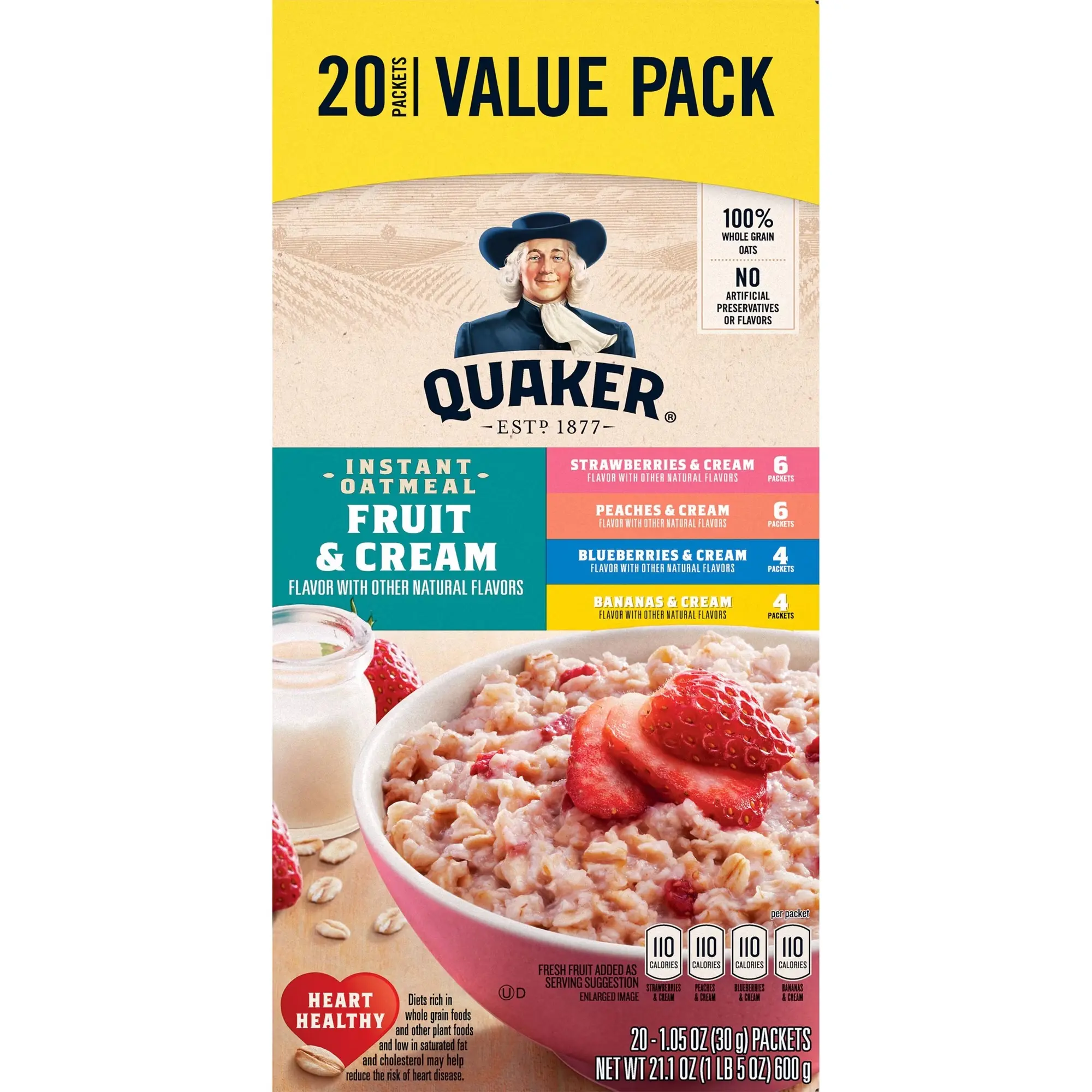 Quaker Instant Oatmeal Fruit & Cream Variety Pack, 20 Packets – Strawberry, Peach, Blueberry & Banana Flavors