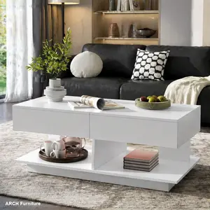 Contemporary Extendable Coffee Table (41.3"-76.7") - MDF Wood, Tool-Free Assembly, ARCH U-Can Central Living Room Furniture with LED Lighting, Multiple Storage Compartments, Hidden Storage, Contemporary Coffee Table