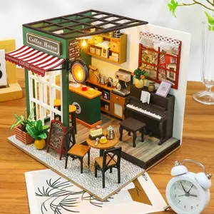 DIY Handmade Model House Cafe Cat Café, Mini 3D Building Wooden Puzzle Book Stand, Creative Christmas Gift, Ages 14+, Includes Manual, Miniature Furniture