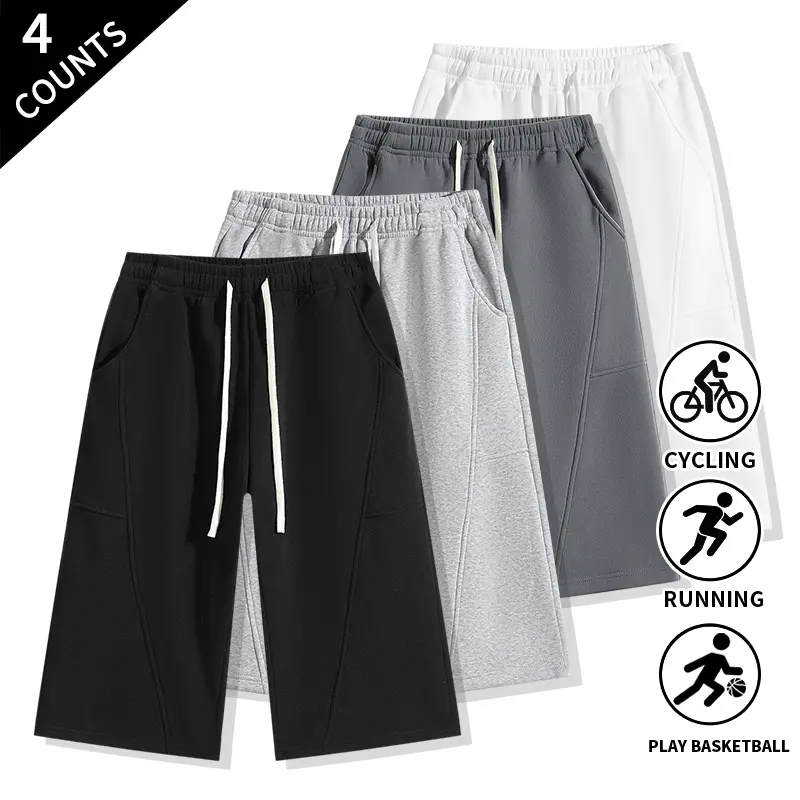 4-Pack Men’s Summer Streetwear Cropped 3/4 Sweat Capri Pants, Relaxed Fit, Stitch Panel Design, Elastic Waist, for Daily Workouts, Walking, and Casual Wear