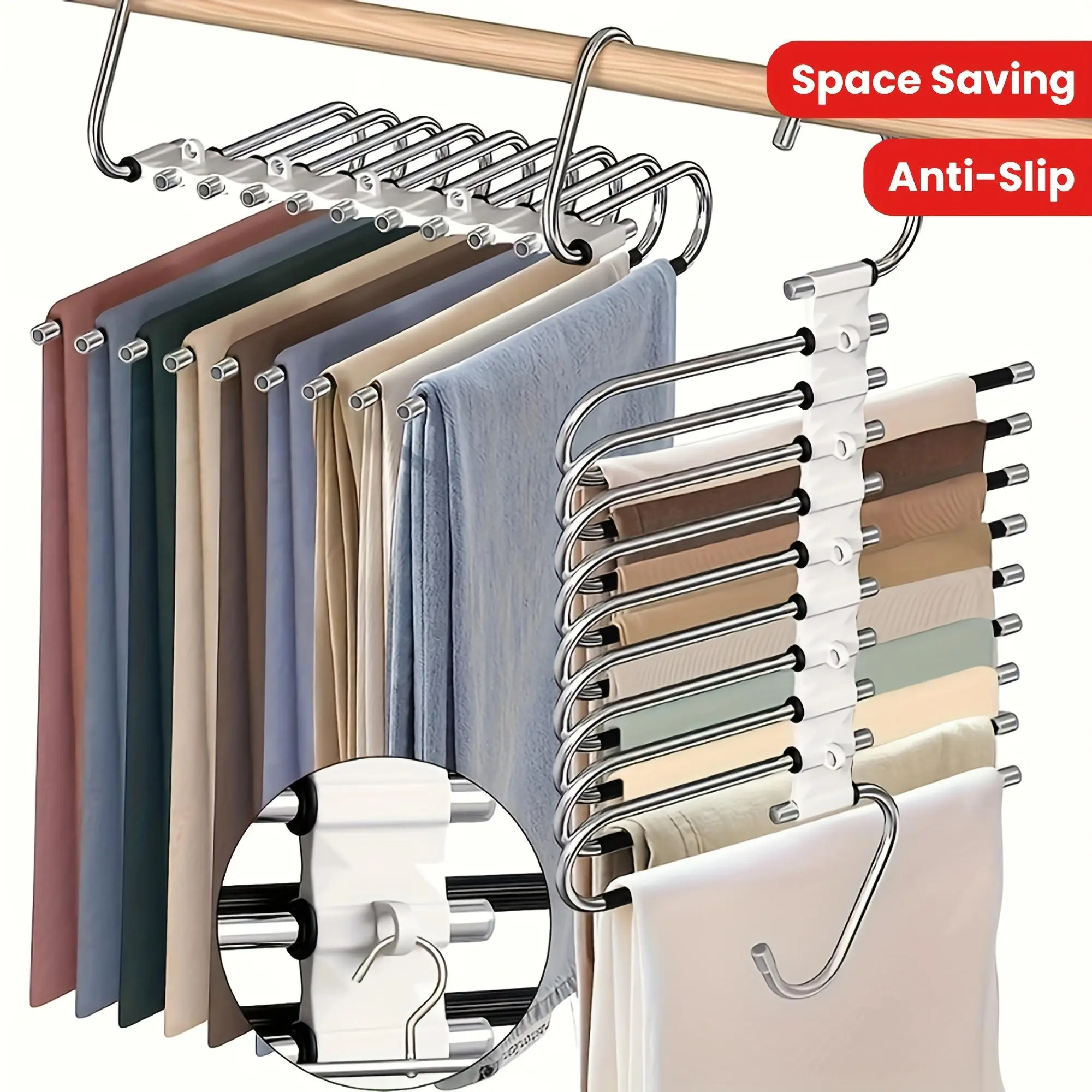 5/9-Tier Stainless Steel Trouser Rack - Self-Assembly, Non-Slip Home Organization Storage, Organizer Storage with 5 Extra No Clip Hooks, Rust Resistant Compact Closet Hanger, Refer to Manual for Jeans Hanging