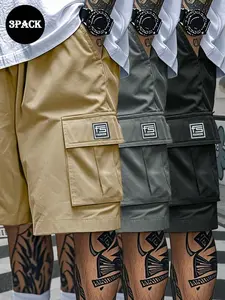 3-Pack Summer Fashion Men's Sport Shorts, Casual Loose-Fit Multi-Pocket Work Pants, Solid Color Straight Leg Five-Quarter Pants