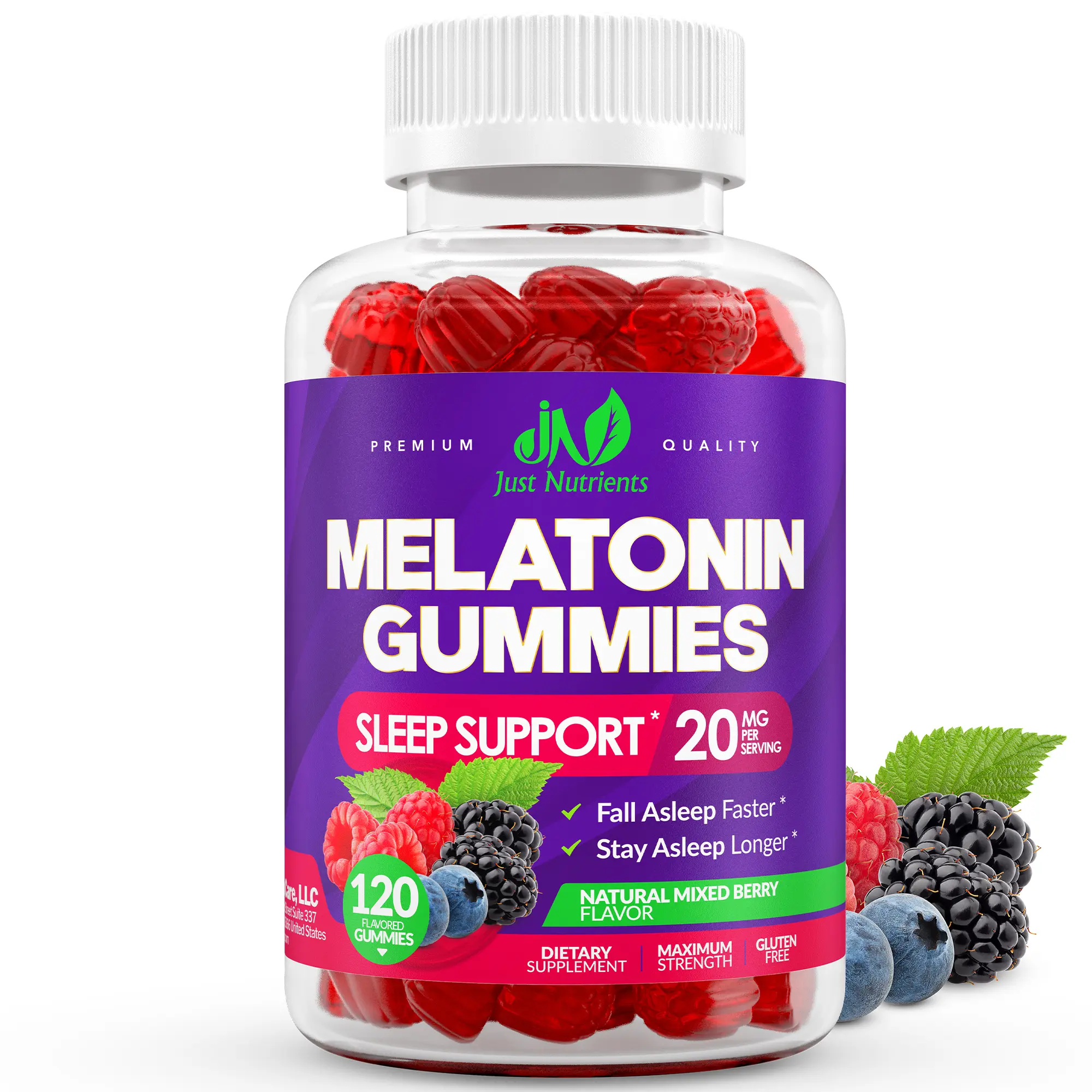 Just Nutrients Melatonin 20mg Gummies (120 Count) - Maximum Strength Sleep Support for Adults with 10mg of Melatonin Per Gummy - Gluten-Free, Non-GMO, Vegetarian, Great Tasting Mixed Berry Flavor - 60 Servings