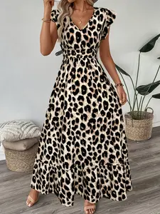 Women's Elegant Fitted Leopard Print Long Dress with Pleated Sleeves and Waist Belt, V Neck A-Line Casual Summer Spring Fall Dress