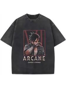 Men's Festive Ret60s Retro Washed Distressed Streetwear T-Shirt - VI Arcane Movie Themed, 100% Cotton Round Neck Short Sleeve Tee, Digital Heat Transfer, Fashion Casual Sports Top, All-Season Wear
