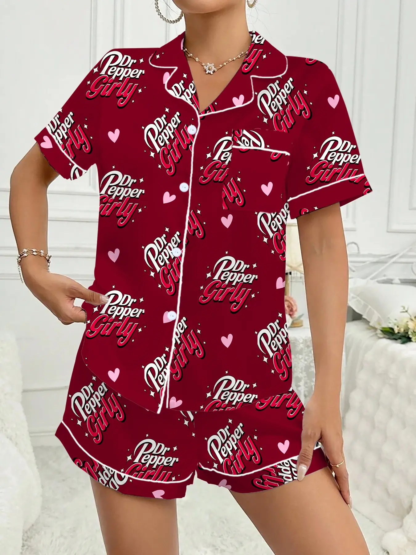 Dr.Pepper girl Women's Valentine's Day Sleepwear Set, Matching Pj Set, Pajama Set, Cute Butterfly Design, Short Sleeve Lapel Button Top & Shorts, Casual Home Wear, All Seasons