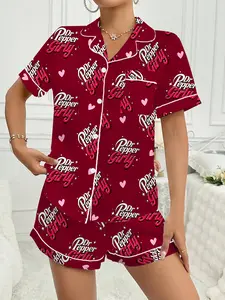 Dr.Pepper girl Women's Valentine's Day Sleepwear Set, Matching Pj Set, Cute Butterfly Design, Short Sleeve Lapel Button Top & Shorts, Casual Home Wear, All Seasons