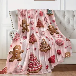 Soft Pink Gingerbread House Flannel Blanket - Christmas Winter Throw with Gingerbread Men, Candy Canes, Cookies - Cozy Flannel Bedspread for Couch, Sofa, Holiday Decor - All-Season Warmth & Softness, Seasonal Home Comfort