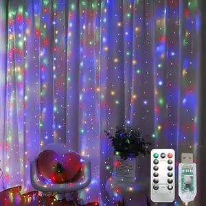 300 LED Curtain String Lights, Fairy Lights with 8 Light Modes, 9.8x9.8Ft Remote USB Plug Fairy String Lights for Christmas, Bedroom, Indoor, Outdoor, Weddings, Party, Camping Decor (Multicolored)
