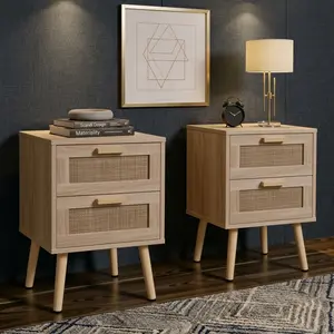 2PCS Rattan Nightstand Set, Natural Oak Wood Side Table with 2 Handmade Rattan Drawers, Boho Accent Table with Storage, Modern Bedside Table for Bedroom, Living Room & Home Decor