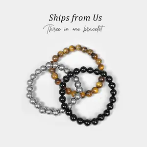 LustreStone | Triple Protection Bracelet Set – 8mm Tiger’s Eye, Obsidian, Amethyst, Apatite, Rose Quartz & Hematite | Unisex Healing Gift