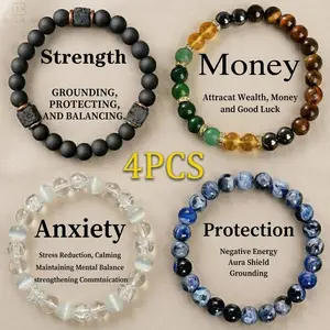 4Pcs Exquisite Boho Crystal Bracelet Stack for Men Women - Tiger Eye, Obsidian, Hematite Natural Stone Beads - Protection, Money Attraction, Anxiety Relief & Strength - Minimalist Beaded Jewelry Gift for Mom's Day, Father's Day