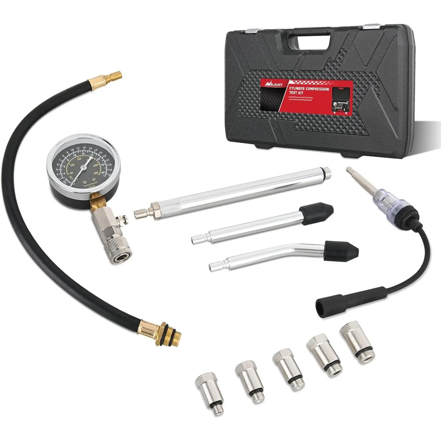Nilight 11-PCS Aluminum Acrylic Glass Engine Compression Tester Kit for Gas Engines - Easy-Install Automotive Diagnostic Repair Tool with Spark Plug Tester, Cylinder Pressure Gauge, Tire Inflator Pump for Trucks, M12, Lawn Mowers