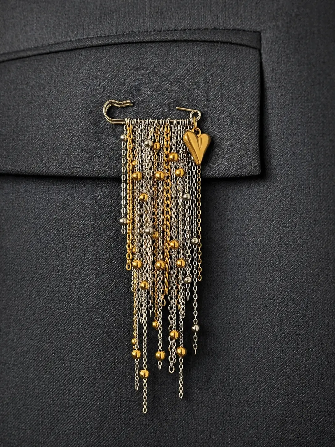 Statement Safety Pin Brooch | Fringe Chain Pin | Silver Gold Layered Brooch