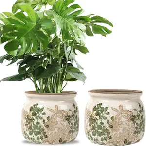 Vintage Floral Ceramic Planter, 2 Pack Flower Pot Rustic Flower Pot Container with Drainge Hole, Ice Crack Plant Pot Decorative Planter for Indoor and Outdoor Tuscan Decor Vase Gardening Gift