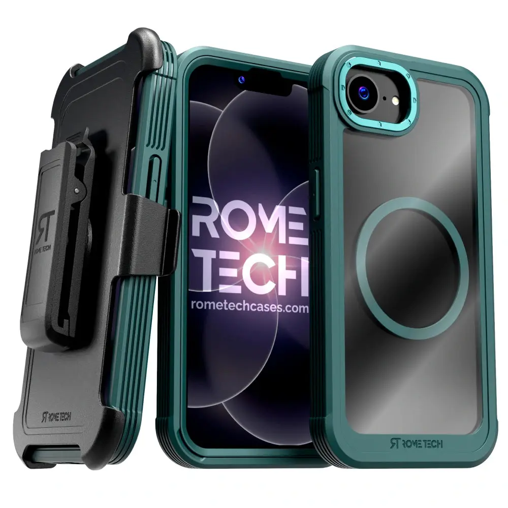 Rome Tech for iPhone 17E / 16E  Strong Defender Clear Case with MagSafe + Holster – Rugged Transparent Dual-Layer Protection, Magnetic Charging Compatible, Raised Bezel Screen & Camera Protection, 180° Rotating Belt Clip