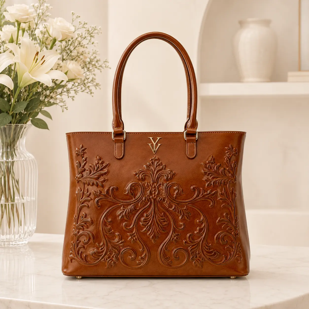 Yahn Vanziano INDIRA Genuine Leather Handbag with Embossed Baroque Detail and Hand-Painted Art