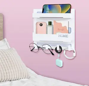 Floating Shelves for Bedside Shelf Accessories Organizer, Wall Mount Self Stick On, Cute Room Decor Aesthetic, Girls Room Decor, Cool Stuff for Bedroom Storage and Organization (4 Hooks)