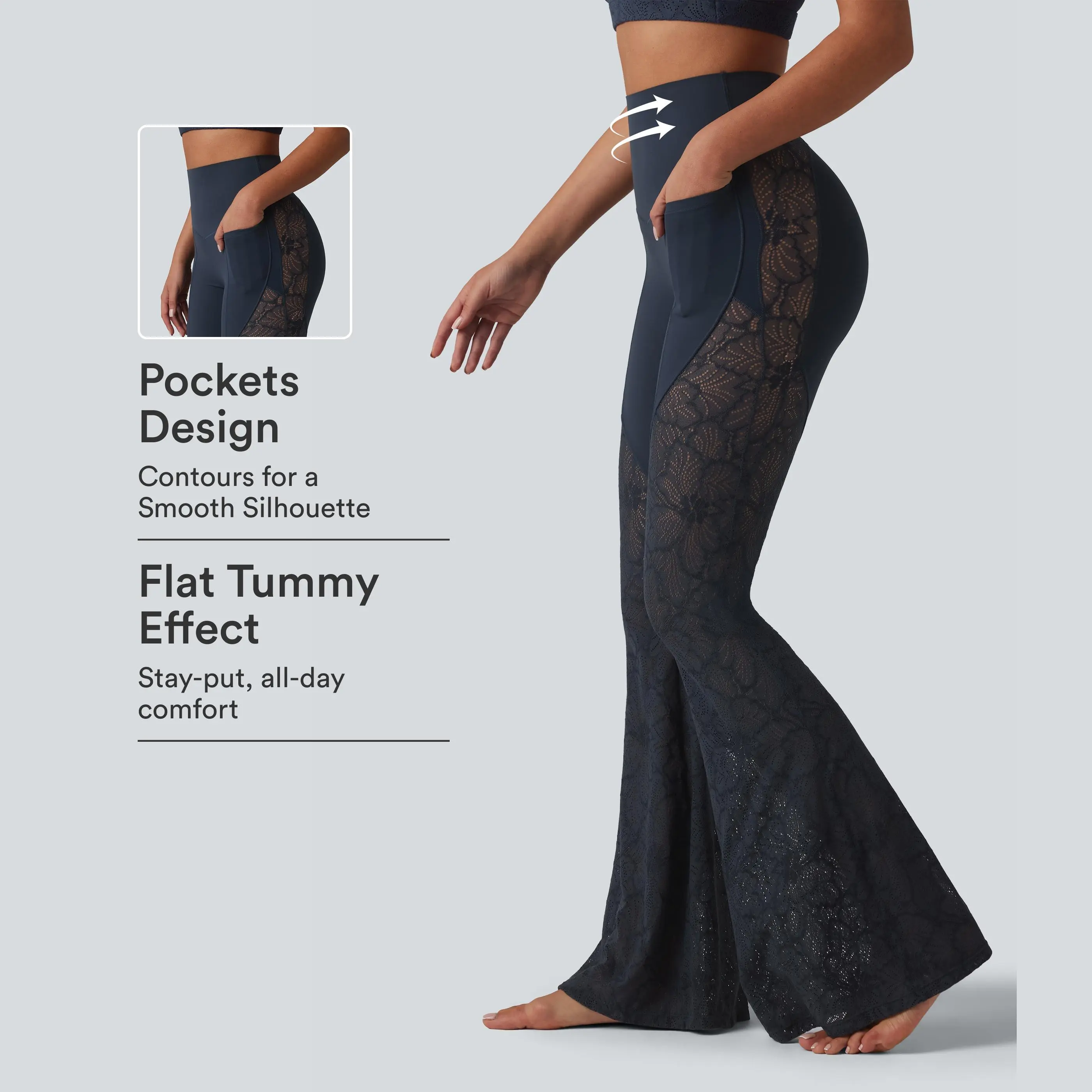 Halara UltraSculpt High Waisted Tummy Control Contrast Lace Yoga Flare Leggings with Pockets