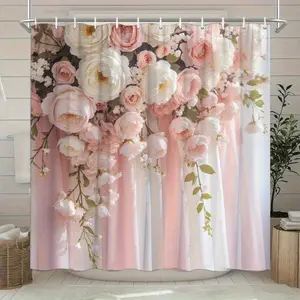 Elegant flowers, soft pink and white rose pattern forest shower curtain design, polyester fabric, windows and walls, bathtub, bathroom home decoration shower curtain, all season universal shower curtain, bathroom decoration curtain, with 12 hooks