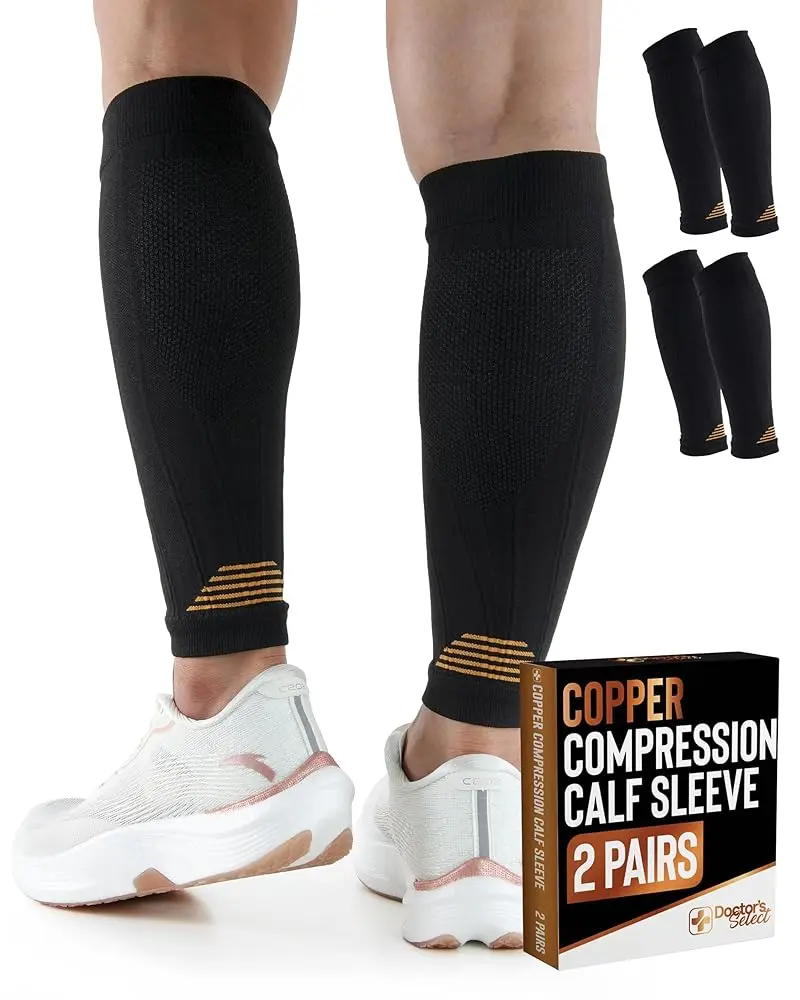2 Pairs Copper-Infused Leg Compression Sleeves for Men & Women, 20-30 mmHg Calf Support Wraps for Shin Splints, Circulation, Muscle Recovery, Protect Leg, Black Sports Sleeves, Compression Wraps For Legs
