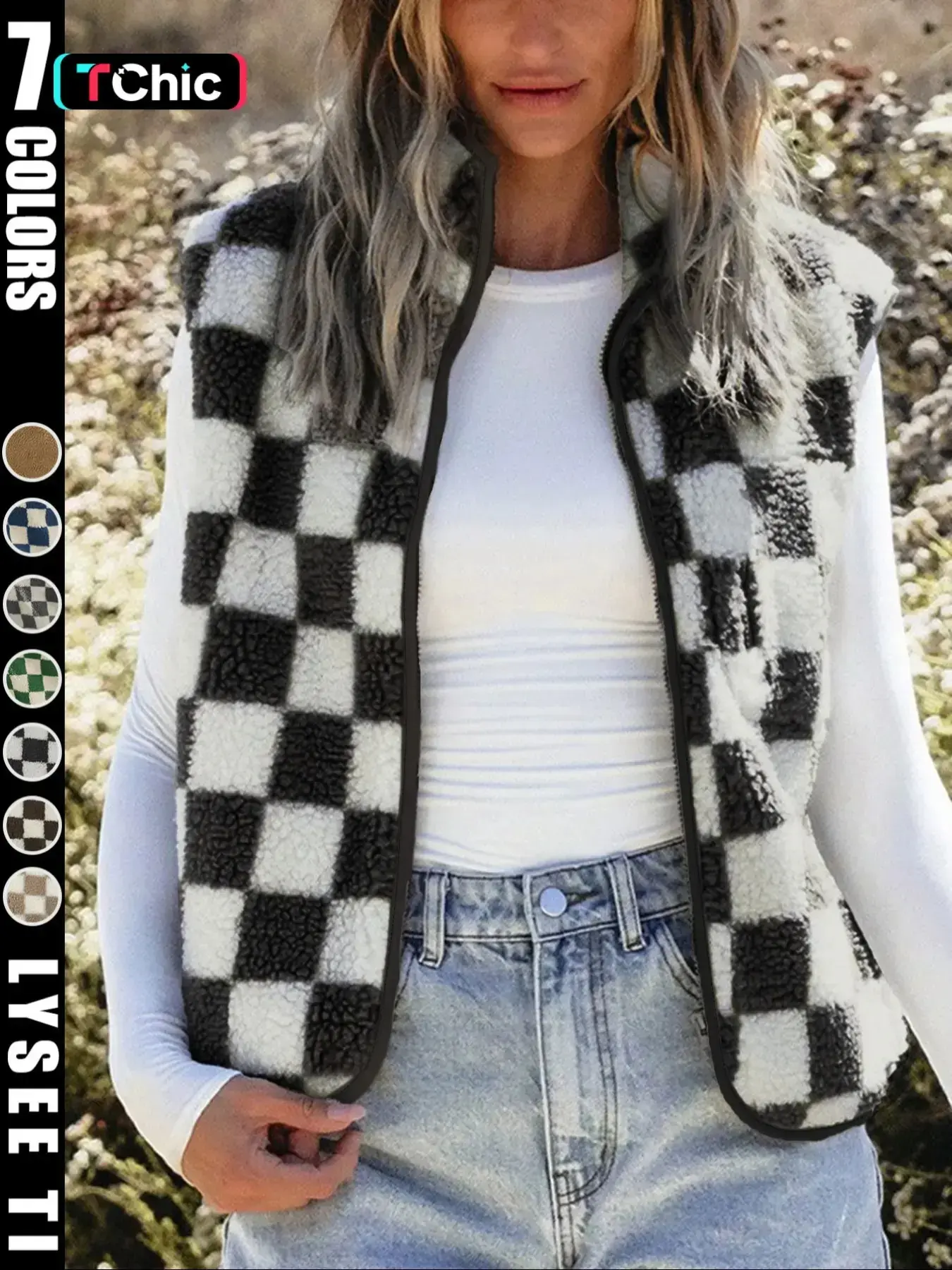 Ins style checkerboard Plaid plush vest women's autumn and winter outerwear short style Casual shoulder retro square grid loose vest jacket top Womenswear