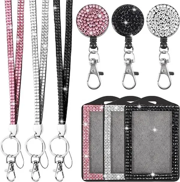 9-Pack 3-Set Upgraded Rhinestone Lanyard for ID Badges – Cute Sparkly Badge Holders for Women & Girls – 3 Colors, Breakaway Safety Buckle & Key Ring Clip