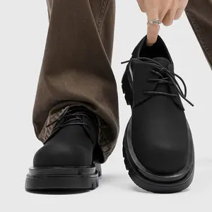Men’s Black Closed Chunky Leather Oxfords - Round Toe, Height-Increasing, Laces, Stylish, Business Casual Walking Shoes for Work, Office, Black Men's Oxfords