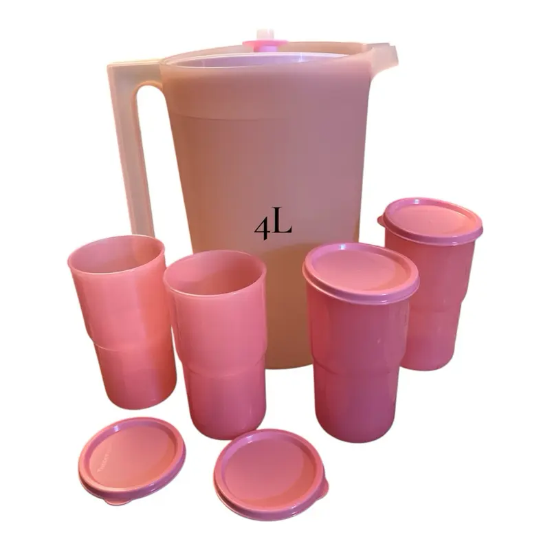 (Morado )  purple and white Pitcher with 4 Cups 4L Capacity Durable Plastic Drinkware Set for Parties and Everyday Use