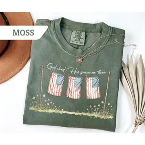 Comfort Colors God Shed His Grace On Thee T Shirt, American Flag Tee, Usa Shirt Independence Day Gift, Patriotic Shirt, 4th Of July T Shirt, Unisex Casual Graphic T-Shirts
