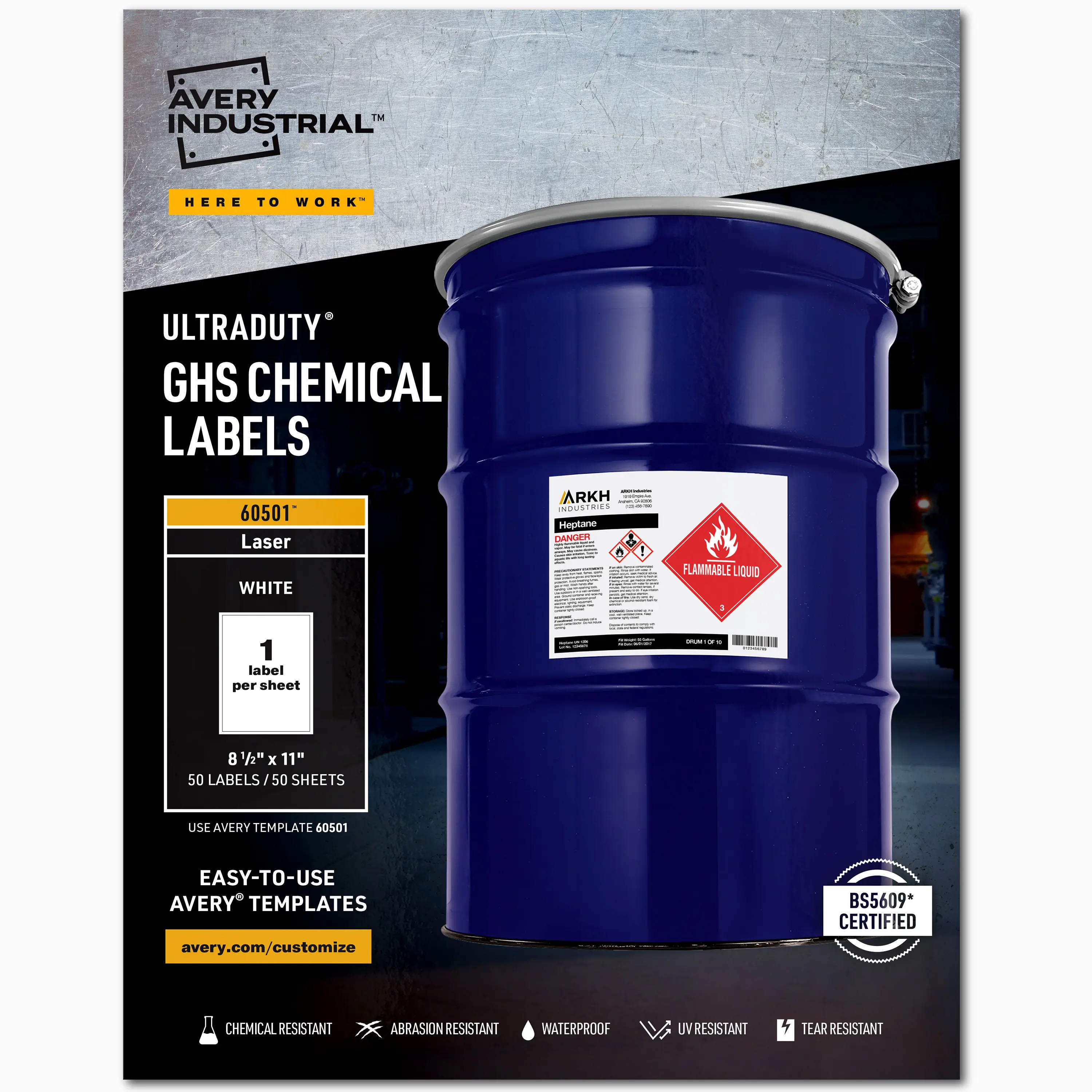 Avery UltraDuty GHS Chemical Labels for Laser Printers, Waterproof, UV Resistant, 8.5 x 11, 50 Pack (60501)
