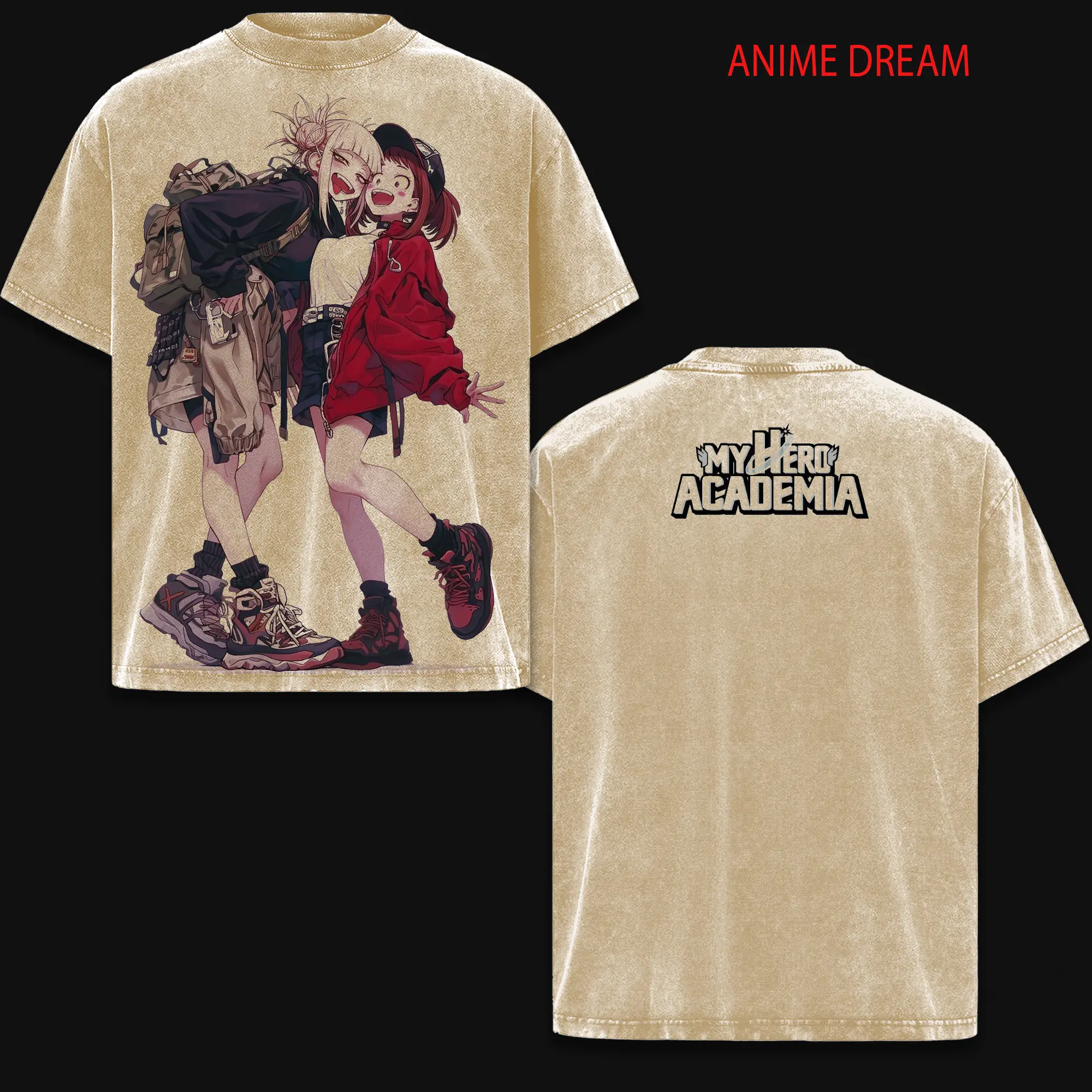Ochaco Uraraka & Himiko Toga My Hero Academia Anime Double Printed Vintage Washed Tee Unisex Oversize Anime Manga Washed Heavyweight Cotton T-shirt