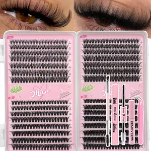 600Pcs Cluster Eyelash 40D/50D/60D/80D Natural & Thick C Curl Eyelash Extension Cluster Set,8-14mm Mixed,DIY Eyelash Extension Kit:Bond And Seal,Tweezer,Remover And Brush, Lash Extension Tutorial, Fluffy Soft Create Natural Butterfly Effect Makeup