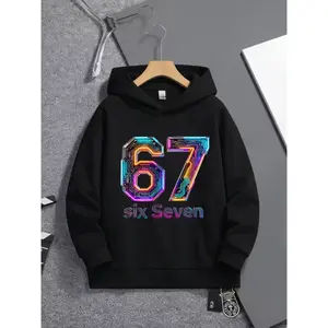 Six Seven   #67 Boys' Funny Number 67 Creative Print Hoodie, Exclusive Long Sleeve Casual Sportswear, Graphic Print Hoodie, 3D Printed Hooded Sweatshirt for Kids