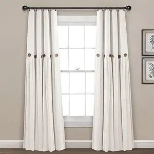 Lush Decor Faux Linen Button Lined 100% Blackout Single Window Curtain Panel  - Sold Individually - 40"W x 84"L Energy Efficient Privacy Noise Reduction Farmhouse Style - Interior Decoration Accessories
