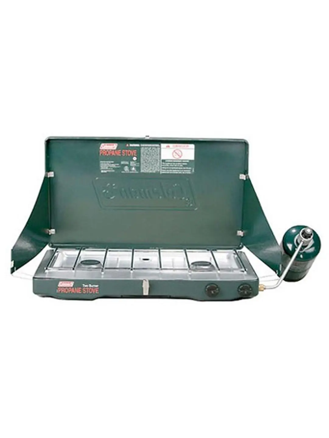 Coleman 2000020943 Heavy-Duty Dual-Burner Propane Stove, Portable Camp Kitchen for Camping & Hiking, Adjustable Heat, 10,000 BTU Burners, Removable Grate, High Pressure Regulator, Wind Baffles, 10.05 lbs, 22.13L x 4.13W x 13.75H in, Dual Burners