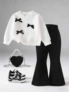 Baby Girl Fall Winter Casual Cute Bow Decorated Round Neck Long Sleeve Top, Knit Sweatshirt Set, Elastic Waist Bell Bottom Pants