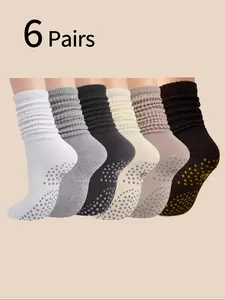 Women's Yoga Socks Mid-Calf, Anti-Slip Grip Sports Socks, Pilates Fitness Sports Socks, Indoor Jump Rope Dance Training Floor Socks, Athletic Running Socks, 6 Pairs Pack