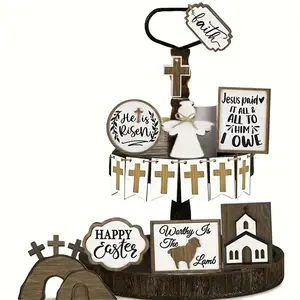 Easter Themed Wooden Decoration Kit, 15pcs/set Wooden Cross & Letter & Plaque & Tags & Signs without Tray, Party Decoration Supplies, Ornaments