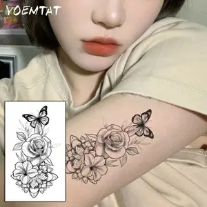 Minimalist Black Line Flower Waterproof Temporary Tattoo Sticker Black And White Butterfly Rose Design Body Art Arm Fake Tattoos Sleeve Women Men Aldult Hands Shoulders Waist Abdomen Legs Back Ankles