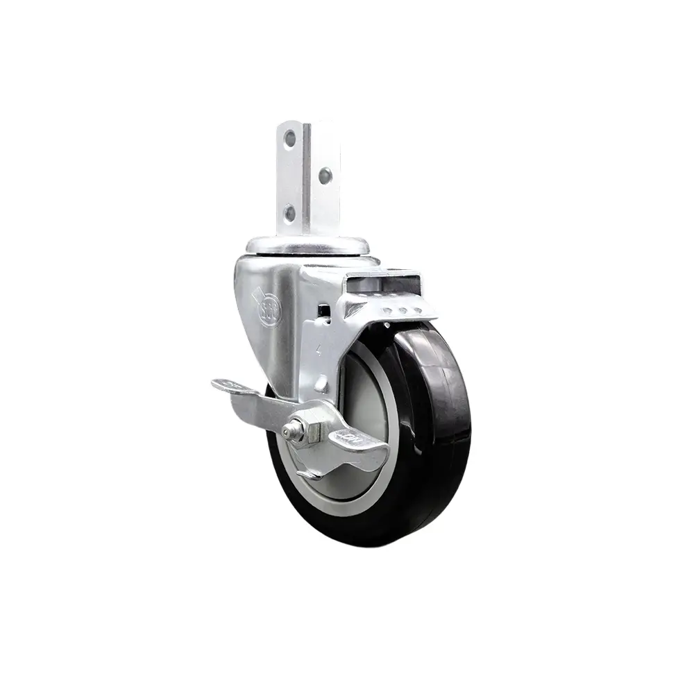 Service Caster SCC-SQ20S414-PPUB-BLK-TLB-78 Swivel Square Stem Roller Stopper Castor, 4x1.25 in. Black Polyurethane Wheel, 0.87x2 in. Square Stem, 3x0.26 in. Mounting Holes, Top Lock Brakes, 350 lbs Load Capacity, Ball Bearing Design, for Carts, Equipment